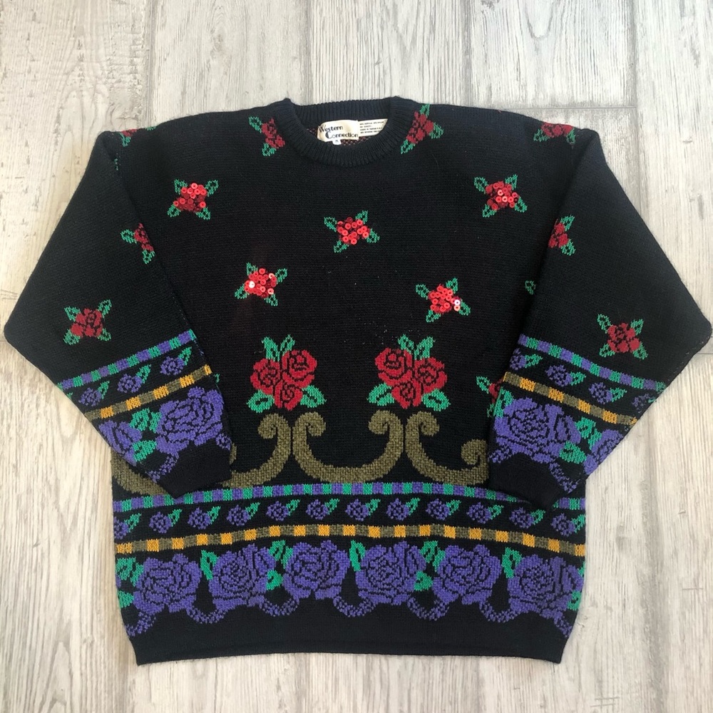 Floral sweater sequined roses vintage 80s black